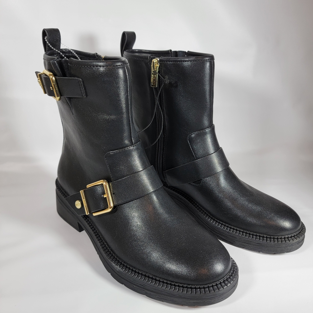 DKNY Black Leather Ankle Boots Gold Buckles Size 6.5 M